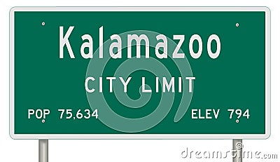 Kalamazoo road sign showing population and elevation Stock Photo