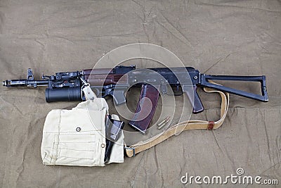 Kalashnikov AK 74 with ammunitions on canvas Stock Photo