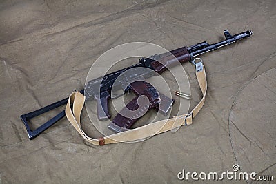 Kalashnikov AK 74 with ammunitions on canvas Stock Photo