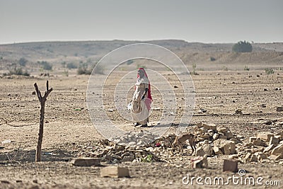 Kalbelia gypsy family living on the edge of poverty in the Thar desert at the confluence of tourist roads passing through the dese Editorial Stock Photo