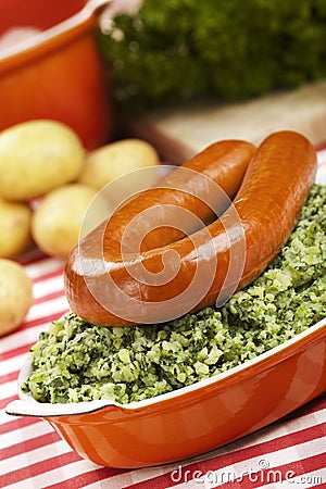 Kale with smoked sausage or 'Boerenkool met worst' Stock Photo