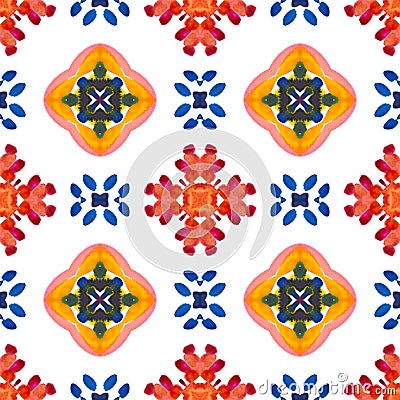 Kaleidoscope colorful geometric pattern for surface and textile design. Seamless checkered watercolor background. Stock Photo