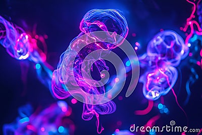 A kaleidoscopic array of colorful smokes twirling effortlessly on a mysterious black canvas Stock Photo