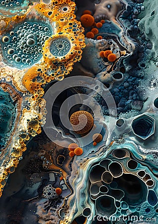 Kaleidoscopic Bacteria Colony Thriving in Intricate Patterns Across Weathered Substrate generative AI Stock Photo