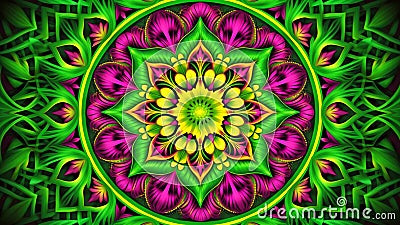 magenta and lime green kaleidoscopic mandala abstract Stock Photo