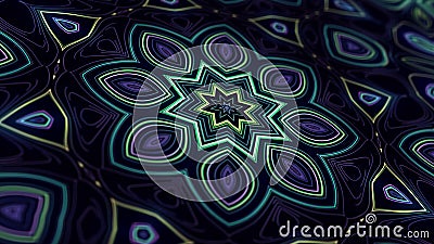 Kaleidoscopic structure with neon flash lights. Abstract bg with flashing lines. Pattern like symmetrical radial Stock Photo