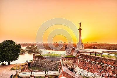 Kalemegdan Fortress and Victor Monument at Sunset, Belgrade Stock Photo