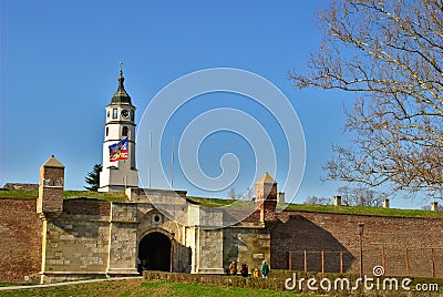 Kalemegdan Park with Church Tower and Belgrade Flag in Late Winter Editorial Stock Photo