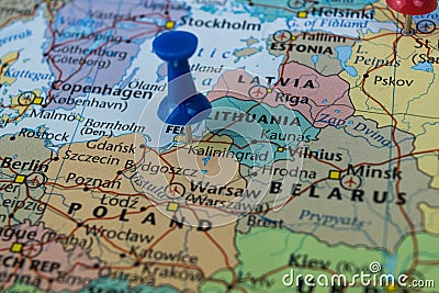 Kaliningrad city pinned on a map of Russia among other World cup 2018 venues Stock Photo