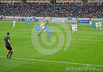 KALININGRAD, RUSSIA. The game moment in a football match of the Baltika teams - Krylja Sovetov. Baltic Arena stadium Editorial Stock Photo