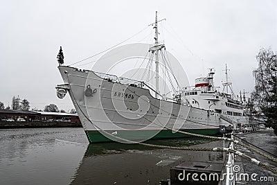 Large ship VITYAZ on water of Pregolya river. Exhibit of Museum World Ocean. Research vessel Editorial Stock Photo