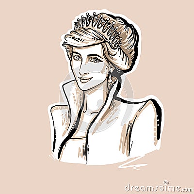 Princess Wales, Lady Diana portrait sketch illustration on white background Cartoon Illustration