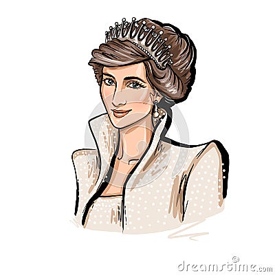 Princess Wales, Lady Diana portrait sketch illustration on white background Cartoon Illustration