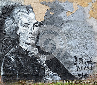 KALININGRAD, RUSSIA. A graffiti portrait of Immanuel Kant on the wall of an old building Editorial Stock Photo