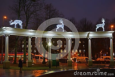 KALININGRAD, RUSSIA. Light figures of deer on a colonnade in Theatrically square Editorial Stock Photo