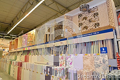 KALININGRAD, RUSSIA - MAY 27, 2015: Shop of finishing materials, department of sale of wall-paper Editorial Stock Photo