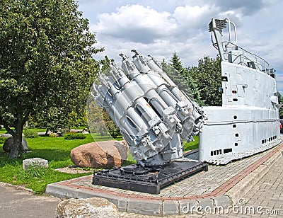 KALININGRAD, RUSSIA. The rocket RBU-6000 bombometny launcher and a protection of the cabin of the submarine of the project 613 in Editorial Stock Photo