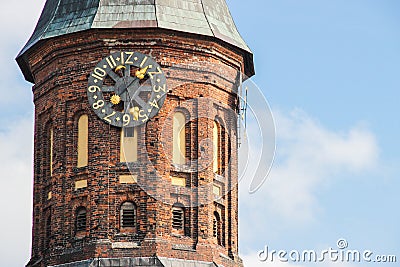 Kaliningrad, RUSSIA - SEPTEMBER 14, 2015: Cathedral of Kant in Kaliningrad. Photo of the clock in medieval style Stock Photo