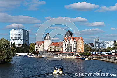 Kaliningrad, Russia - September 28, 2020: Panoramic view of the Fish Village on the embankment in Kaliningrad. House of Soviets in Editorial Stock Photo