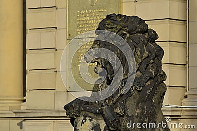 Kaliningrad, Russia - september 30, 2020: Sculpture of a lion on the porch of Koenigsberg Stock exchange. Kaliningrad, Kenigsberg Editorial Stock Photo