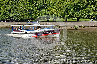 KALININGRAD, RUSSIA. The tourist boat `Northern Star` floats down the river to Pregolya Editorial Stock Photo