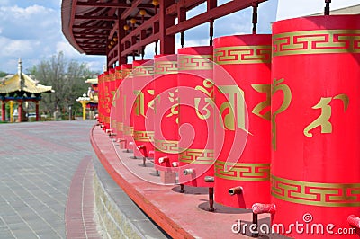 Kalmykia. Elista. Temple of the Golden Abode of Buddha Shakyamuni. Prayer wheel Stock Photo