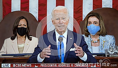 Kamala Harris, Nancy Pelosi, and Joe Biden on CBS Televised Address to Congress Editorial Stock Photo