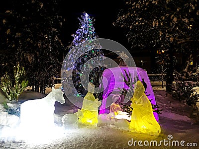 Ice sculpture of Jesus Christ`s birth Stock Photo