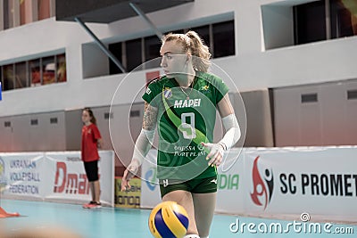 KAMENSKY, Ukraine-February 14, 2020. Ukrainian Volleyball Cup of Ukraine. Champion of Ukraine VC KHIMIK Yuzhny green. Winning Editorial Stock Photo