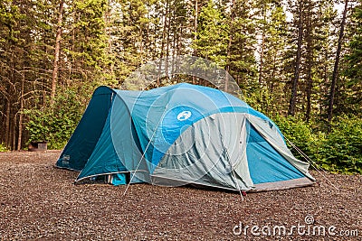 KAMLOOPS, CANADA - JULY 07, 2020: blue Coleman camping tent in forest camp site lifestyle advanture Editorial Stock Photo