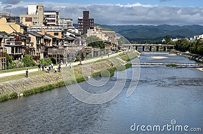 Kyoto, Kamo river and mountains, Japan Editorial Stock Photo