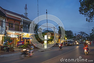 Kampot riverside by night in cambodia Editorial Stock Photo