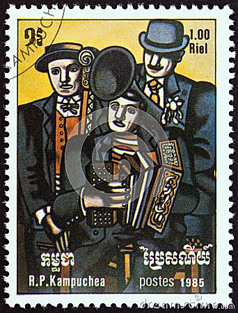 KAMPUCHEA - CIRCA 1985: A stamp printed in Kampuchea shows Three Musicians by Fernand Leger, circa 1985. Editorial Stock Photo