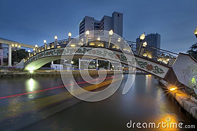 Kampung Morten Bridge Over Melaka River at Blue Hour Stock Photo