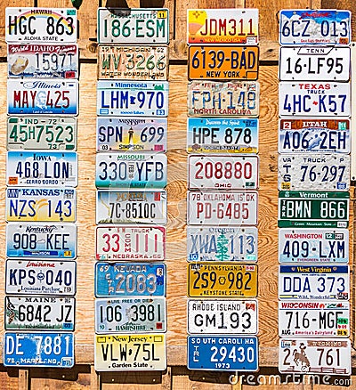 KANAB, UTAH, USA - MAY 25, 2015: License Plates Collage in public place on a street in Kanab Utah USA Editorial Stock Photo