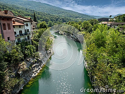 KANAL, SLOVENIA - 08/14/200: Colorful houses in Kanal town on Soca River Editorial Stock Photo