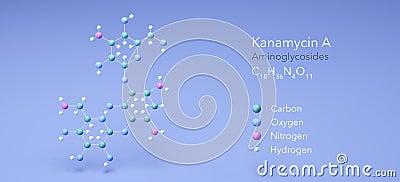 kanamycin a molecule, molecular structures, aminoglycoside, 3d model, Structural Chemical Formula and Atoms with Color Coding Stock Photo