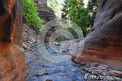 Kanarraville Falls, views from along the hiking trail of falls, stream, river, sandstone cliff formations Waterfall in Kanarra Cre Stock Photo