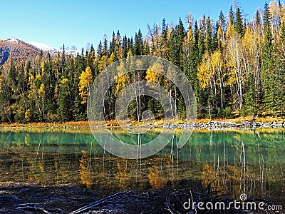 Kanas Lake in Autumn Stock Photo