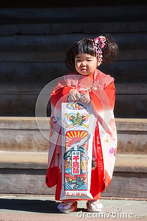 Japanese girl posing during Shichi-Go-San day at Oyama Jinja Shrine, Kanazawa, Japan Editorial Stock Photo