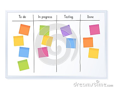 Kanban board with blank sticky note papers for writing task. Agile project management, tasks planning and to do list. Vector Illustration