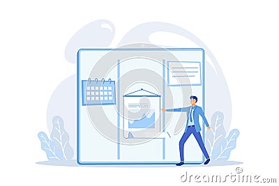 Kanban board with to do lists. Task and time management method. Project process, workflow optimization, organization. Vector Illustration