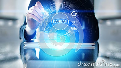 Kanban work flow process management system concept on virtual screen. Stock Photo