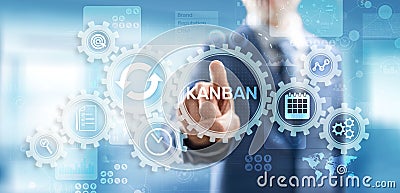 Kanban work flow process management system concept on virtual screen. Stock Photo