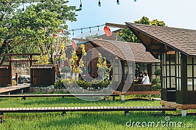 KANCHANABURI-THAILAND, APRIL 1, 2023 : Beautiful landscape in Japanese architectural style resting in the midst of verdant rice Editorial Stock Photo