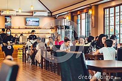 KANCHANABURI -THAILAND, APRIL 1, 2023 : Unidentified Tourists come to visit and have lunch or coffee with Japanese and Thai food Editorial Stock Photo