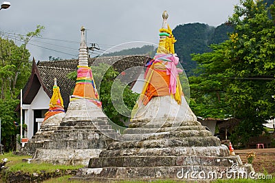 The Three Pagodas the historic place of Thai-Myanmar border crossing at Sangklaburi, Thailand. Editorial Stock Photo