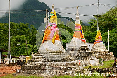 The Three Pagodas the historic place of Thai-Myanmar border crossing at Sangklaburi, Thailand. Editorial Stock Photo