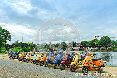 KANCHANABURI, THAILAND - August 4, 2019 : Vespa gang were parking in the line for meeting and gethering after touring together at Editorial Stock Photo