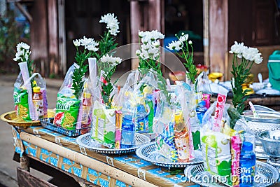 Kanchanaburi, Thailand - December 30, 2018: Alms prepared for Almsgiving food offerings to Buddhist monks going on daily alms Editorial Stock Photo